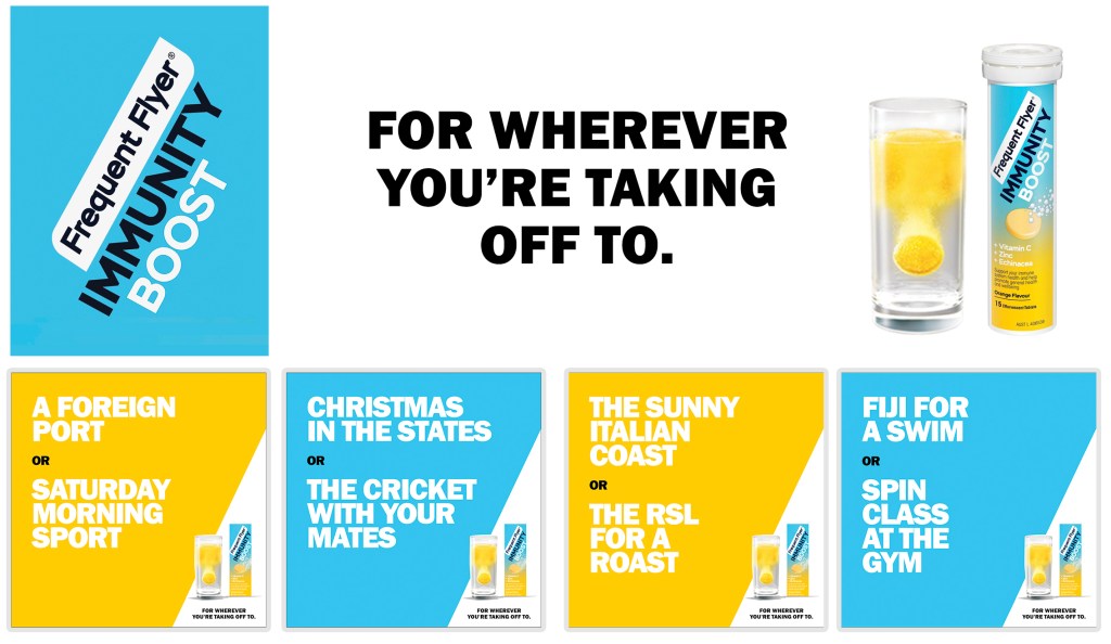 'For wherever you're taking off to' - Frequent Flyer Immunity Boost campaign tiles by Mike Barry