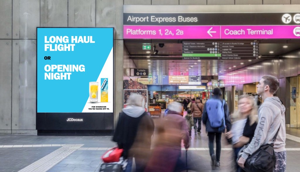Long Haul Flight or Opening Night. This OOH example shows the Frequent Flyer Immunity Boost "For wherever you're taking off to" campaign in action in Melbourne's Flinders St Station.