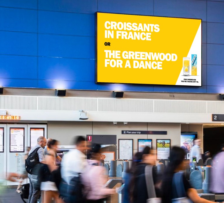 Long Haul Flight or Opening Night. This OOH example shows the Frequent Flyer Immunity Boost "For wherever you're taking off to" campaign in action in North Sydney Station.