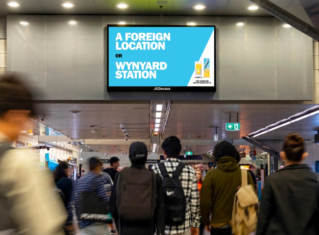 Long Haul Flight or Opening Night. This OOH example shows the Frequent Flyer Immunity Boost "For wherever you're taking off to" campaign in action in Sydney's Wynyard Station.